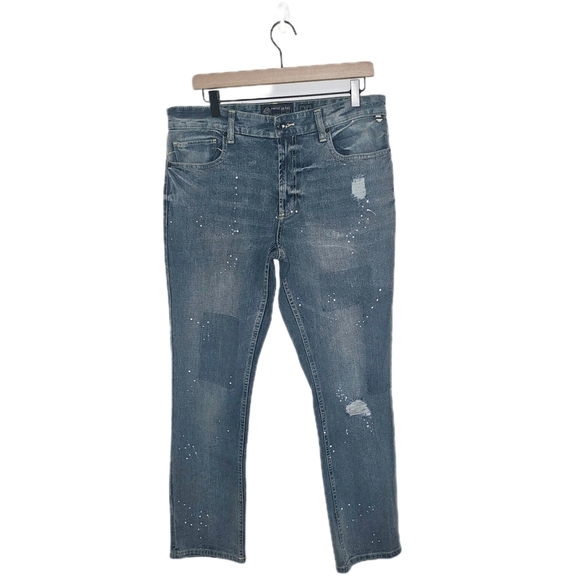 American Rag Mens Jean 32x30 Drift Wash Paint Splatter Slim Stretch Blue - Picture 4 of 5